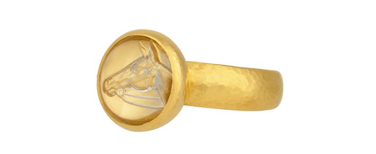 Antiquities gold cocktail ring in 24k gold with crystal intaglio, $ 4,485; Gurhan